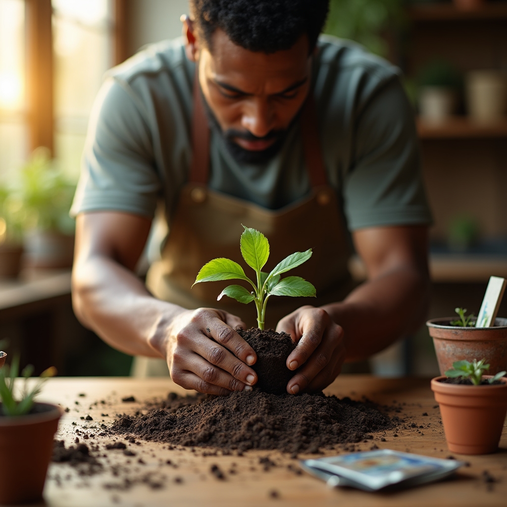 Beginner gardener transplanting young seedlings into small containers on a table