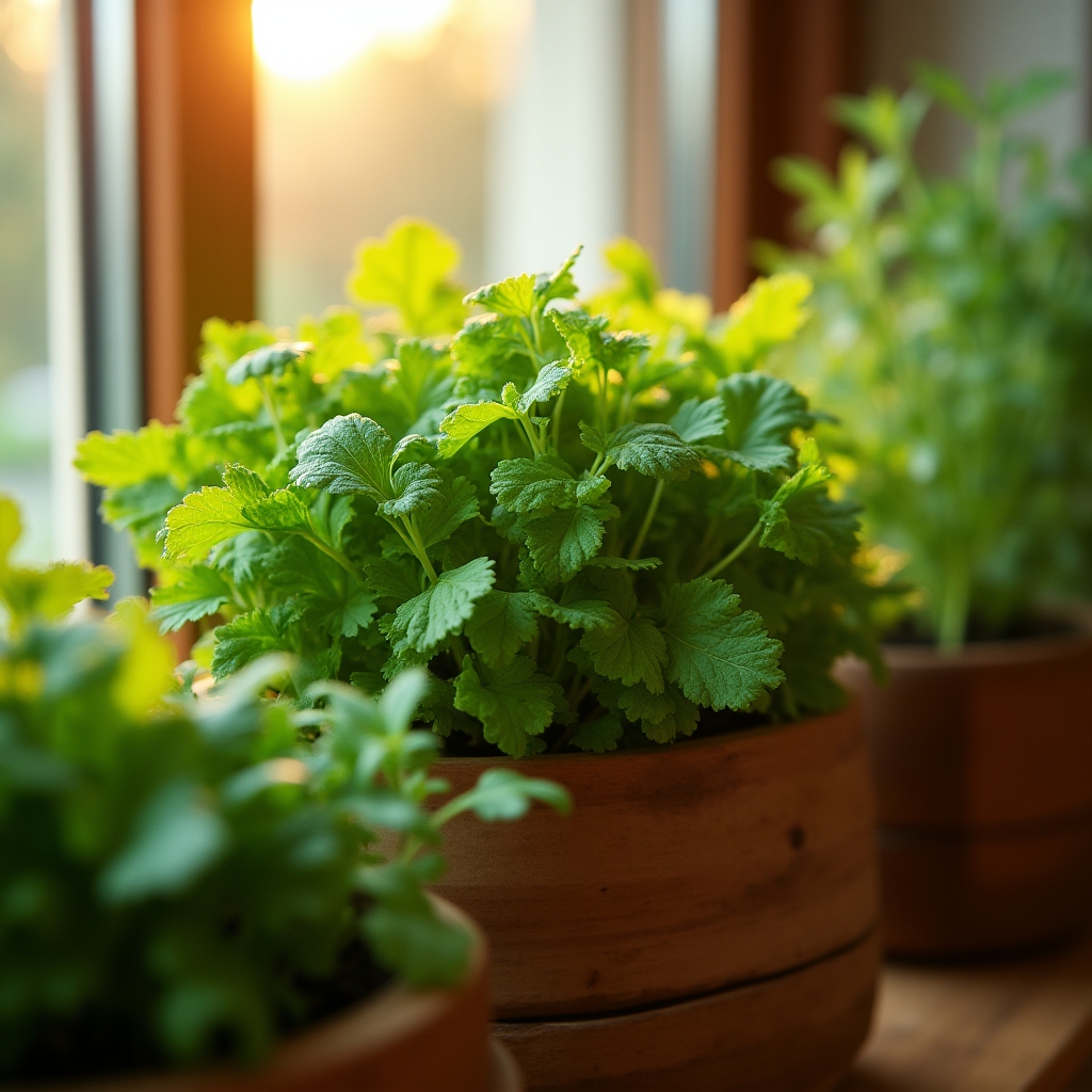 Close-up of leafy greens and herbs growing together in stacked containers
