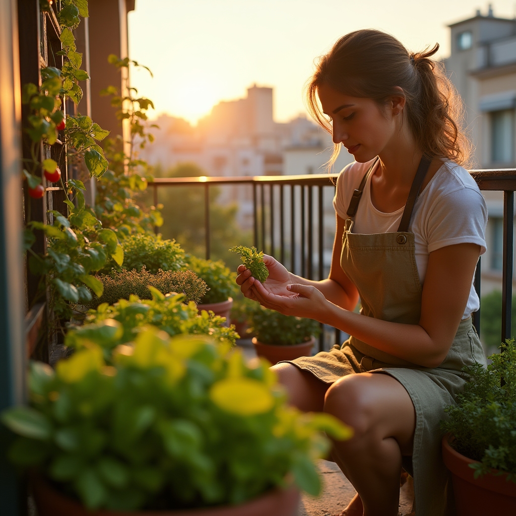 Small balcony filled with container vegetables and herbs growing in morning light