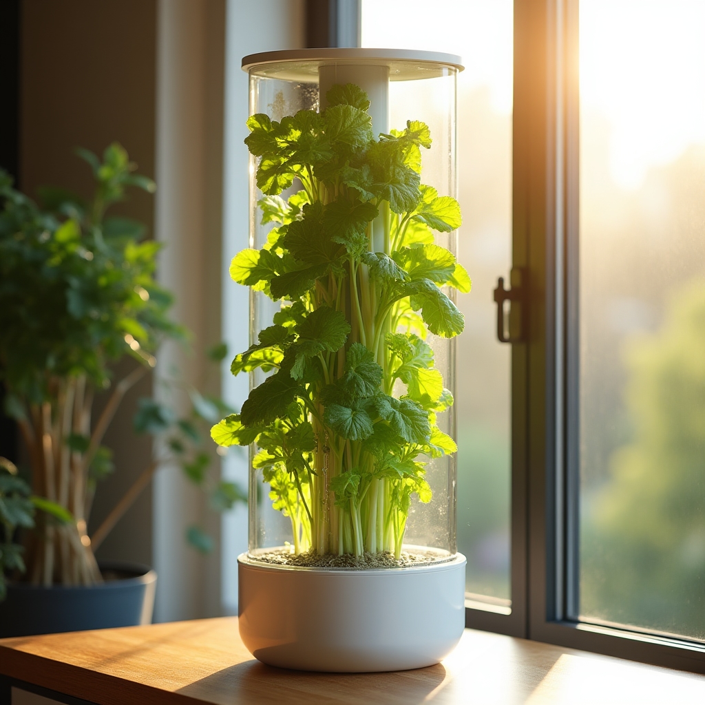 Compact indoor hydroponic tower growing lettuce and herbs near a window
