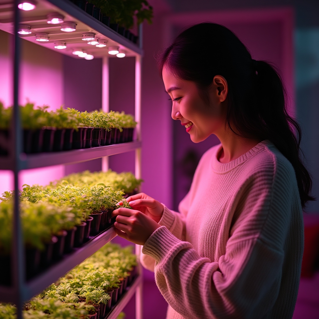 Indoor vertical shelf unit with grow lights and small potted seedlings