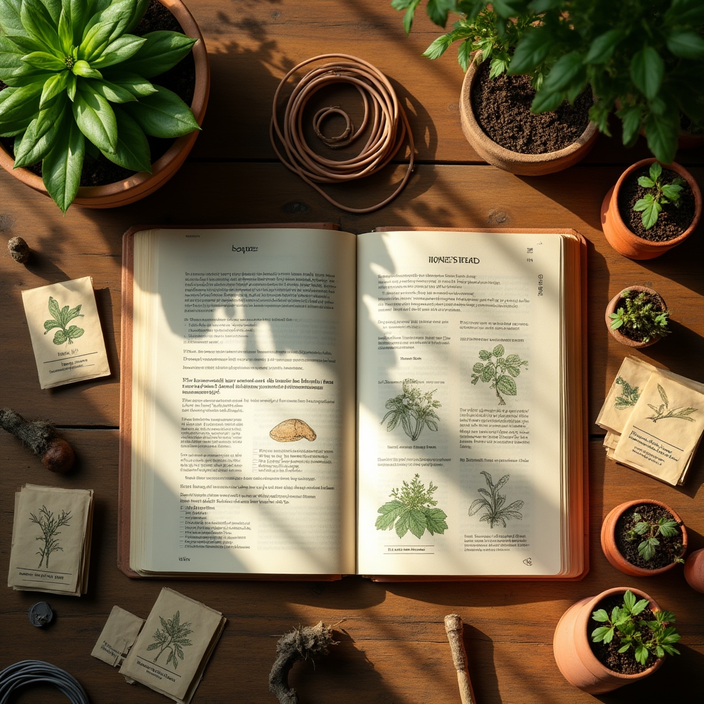 Flat lay of course workbook, seed packets, and small gardening tools on a wooden table