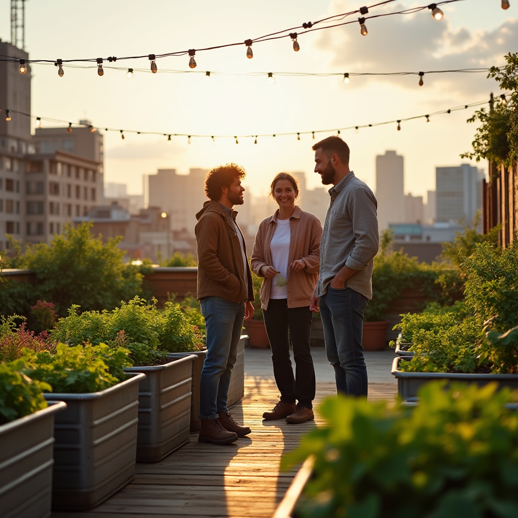 Community rooftop garden with raised containers and seating area in a city setting