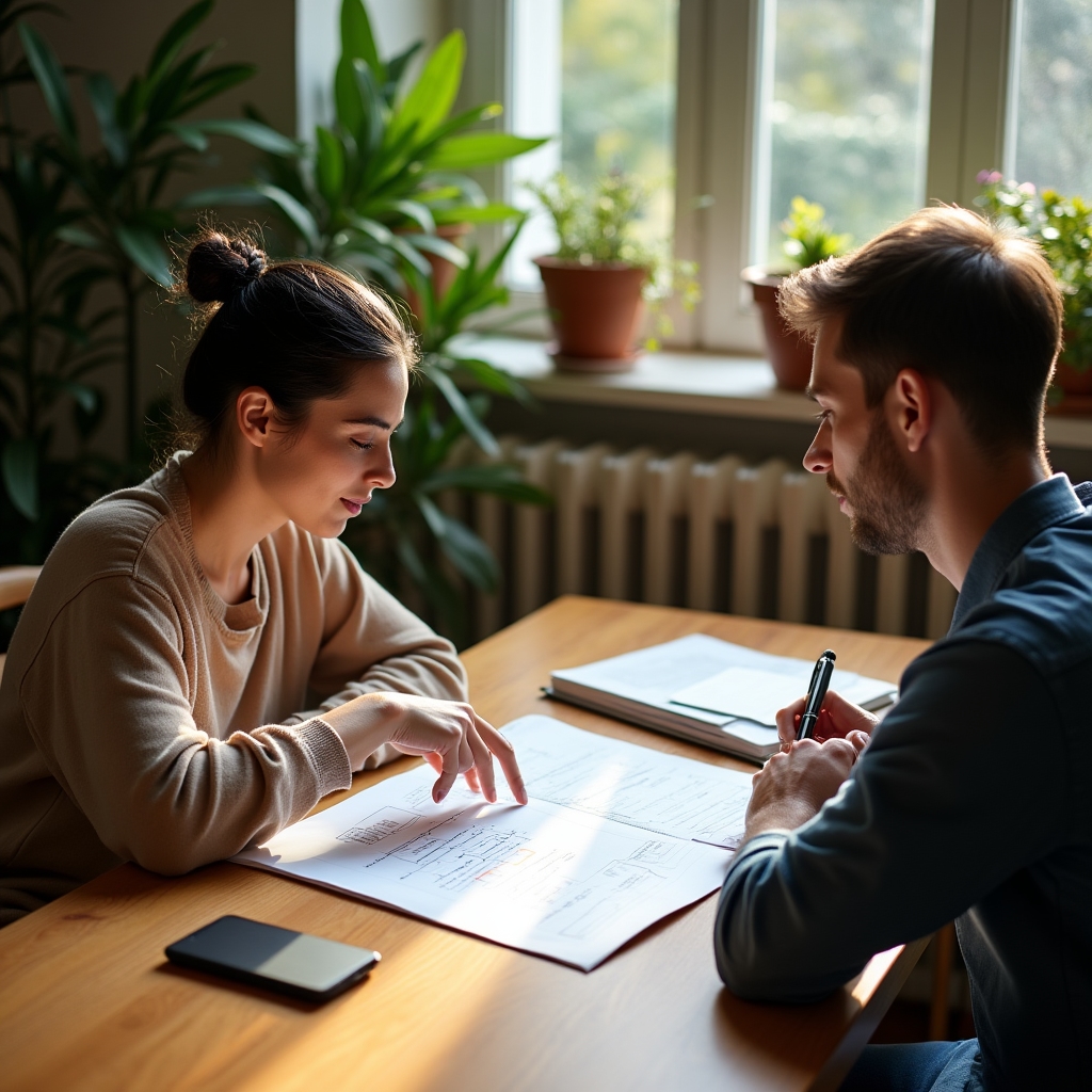 Two people reviewing a course workbook together at a table near a window with potted plants
