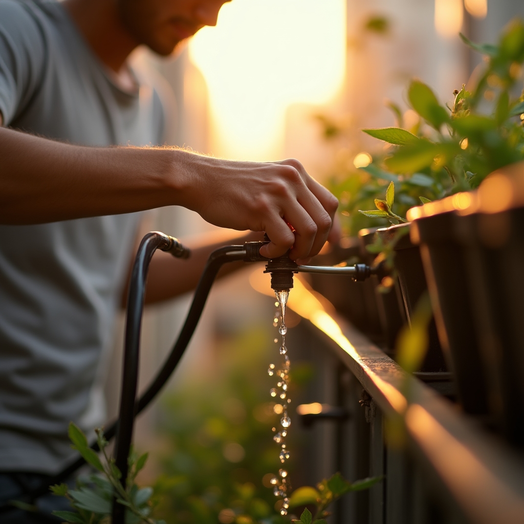Drip irrigation tubing delivering water to potted plants on a balcony
